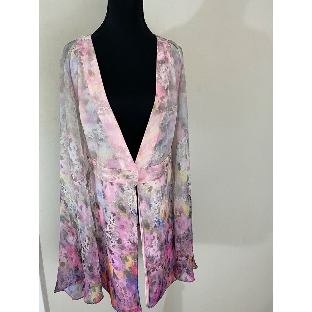 Roland Mouret RM Floral Silky Blouse Pink Purple Sheer Bell Sleeve Sz 34 Whimsy